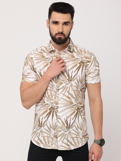 

Jean Cafe Men White Cotton Premium Slim Fit Floral Printed Casual Shirt