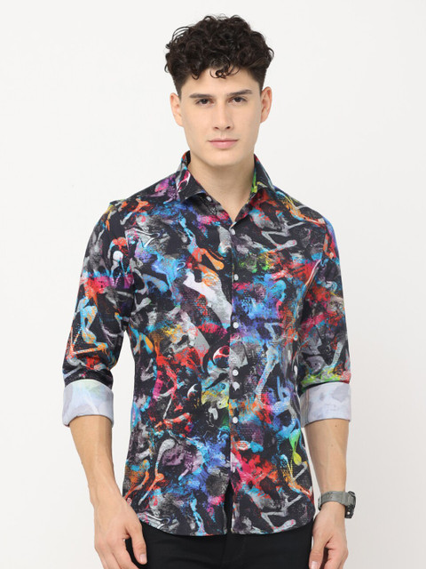 

Jean Cafe Men Black Cotton Premium Slim Fit Printed Casual Shirt