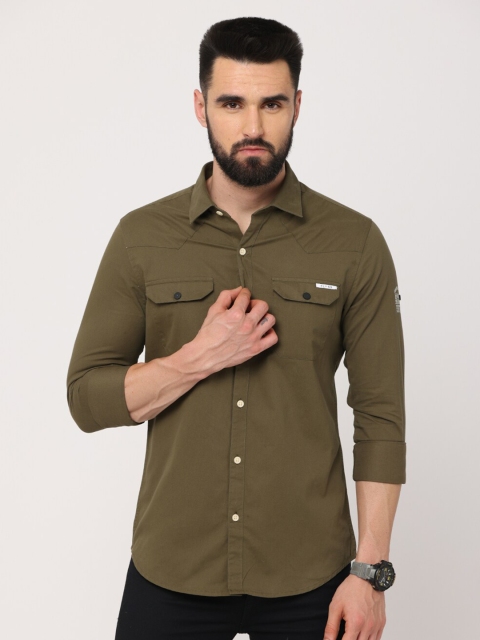 

Jean Cafe Men Olive Green Cotton Premium Slim Fit Casual Shirt