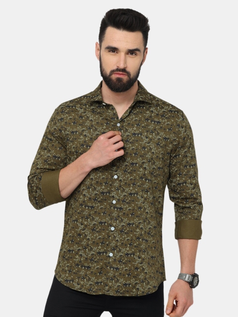 

Jean Cafe Men Olive Green Cotton Premium Slim Fit Floral Printed Casual Shirt