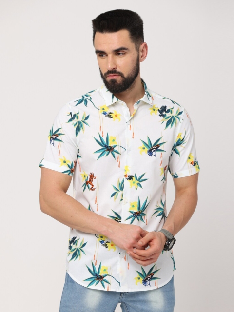 

Jean Cafe Men Off White Cotton Premium Slim Fit Floral Printed Casual Shirt