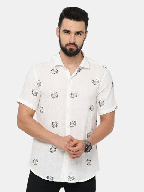 

Jean Cafe Men White Cotton Premium Slim Fit Floral Printed Casual Shirt