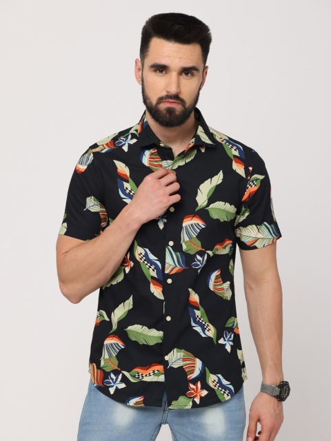 

Jean Cafe Men Black Cotton Premium Slim Fit Floral Printed Casual Shirt
