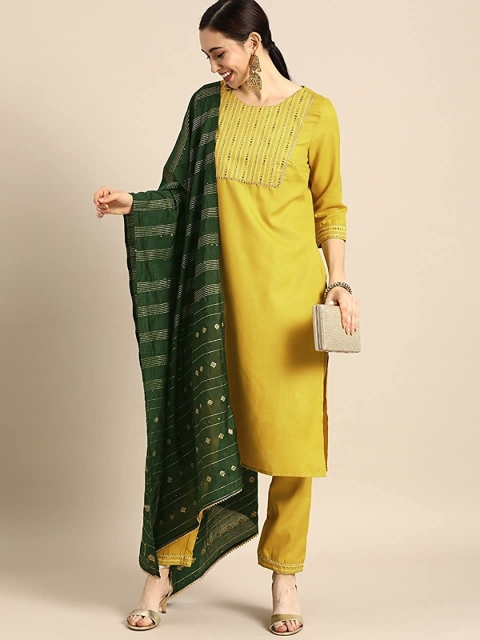 

MORLY Women Yellow Embroidered Kurta with Trousers & Dupatta