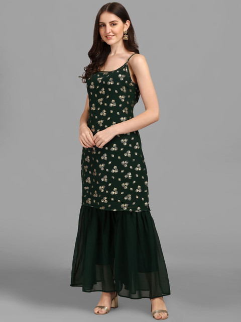 

GUFRINA Women Green Floral Printed Kurta with Sharara