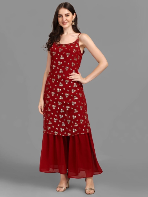 

GUFRINA Women Maroon Printed Kurta with Sharara