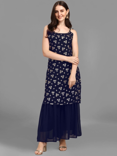 

GUFRINA Women Blue Floral Printed Kurta with Sharara