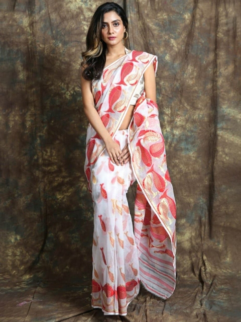 

Fashion Booms White & Red Ethnic Motifs Pure Cotton Saree