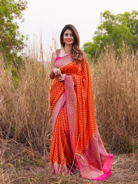 

Fashion Booms Orange & Pink Woven Design Zari Pure Silk Saree