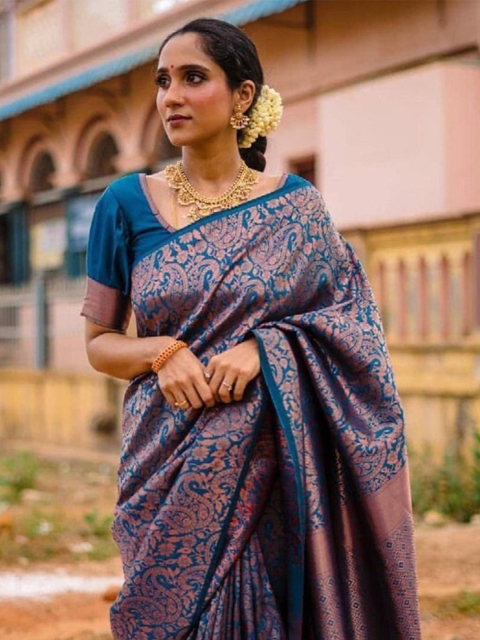 

Fashion Booms Blue & Copper-Toned Woven Design Zari Pure Silk Saree
