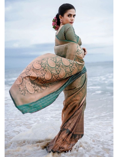 

Fashion Booms Green & Copper-Toned Woven Design Zari Pure Silk Saree