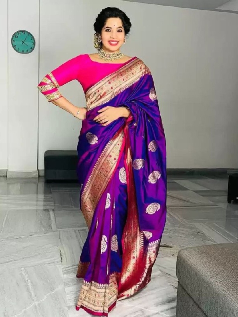 

Fashion Booms Purple & Red Woven Design Zari Pure Silk Saree