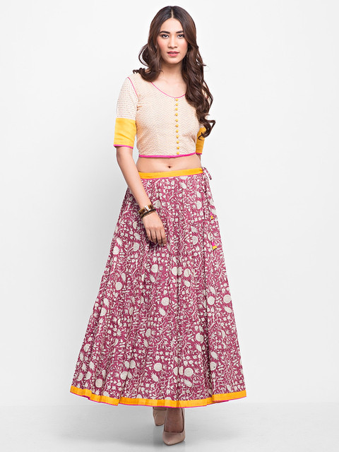 

Fabindia Yellow & Burgundy Handblock Print Top with Maxi Skirt