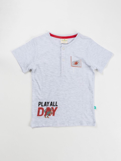 

JusCubs Boys Grey Typography Printed Henley Neck Pure Cotton T-shirt