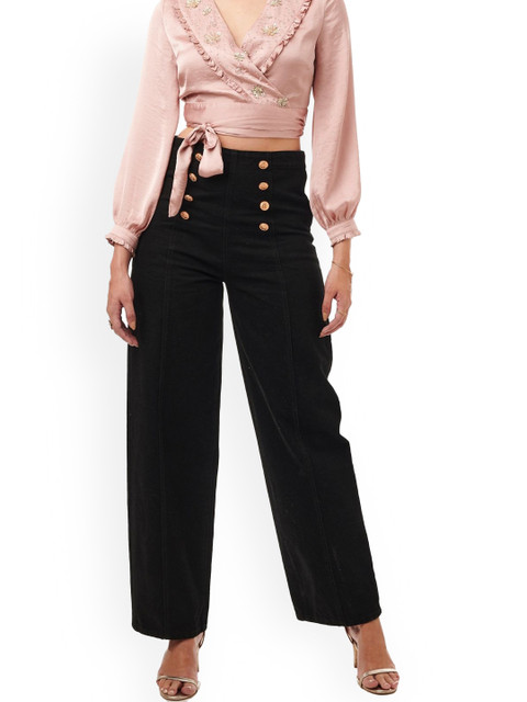 

Style Island Women Black Smart Straight Fit High-Rise Easy Wash Trousers