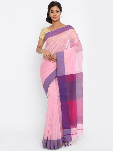

gocoop Pink Silk Cotton Solid Maheshwari Handloom Saree