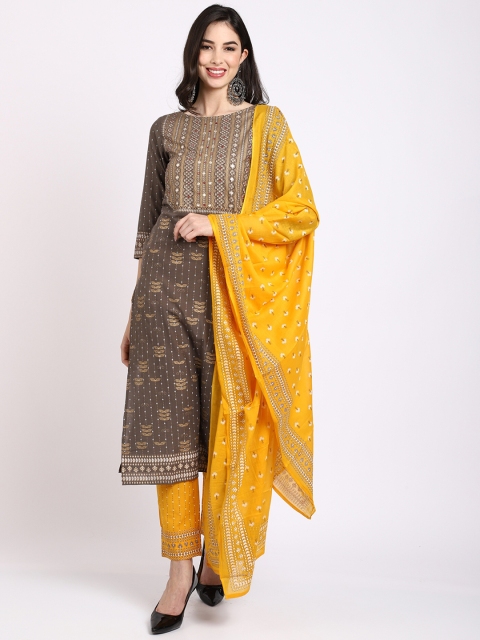 

Rajnandini Women Grey Embroidered Pure Cotton Kurta with Trouser & Dupatta Set