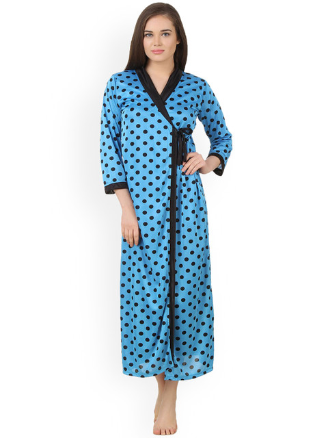 

Fasense Women Turquoise Blue & Black Polka dot Printed Maxi Robe