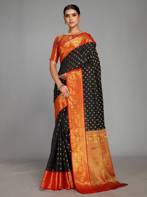 

Varkala Silk Sarees Black & Orange Ethnic Motifs Zari Silk Blend Heavy Work Gadwal Saree