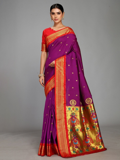 

Varkala Silk Sarees Purple & Red Ethnic Motifs Zari Silk Blend Heavy Work Paithani Saree