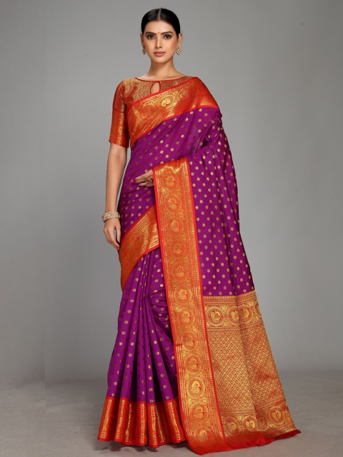 

Varkala Silk Sarees Purple & Orange Woven Design Zari Silk Blend Heavy Work Gadwal Saree