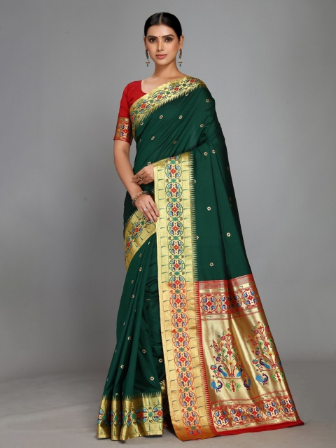 

Varkala Silk Sarees Green & Red Ethnic Motifs Zari Silk Blend Heavy Work Paithani Saree