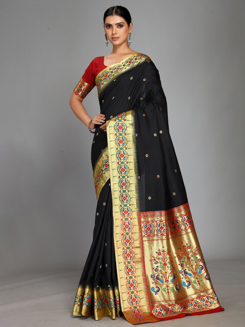 

Varkala Silk Sarees Black & Red Ethnic Motifs Zari Silk Blend Paithani Saree