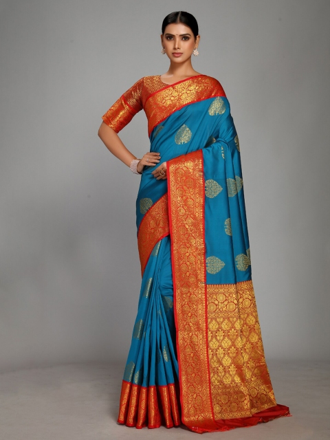 

Varkala Silk Sarees Turquoise Blue & Red Woven Design Zari Silk Blend Gadwal Saree