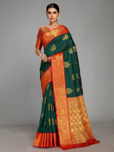 

Varkala Silk Sarees Green & Orange Woven Design Zari Silk Blend Gadwal Saree