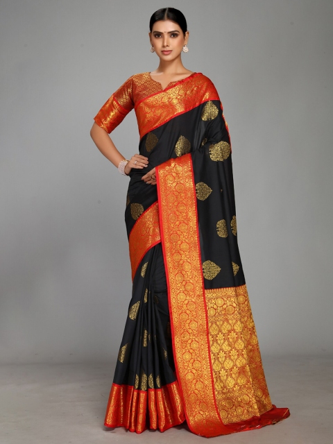 

Varkala Silk Sarees Black & Red Woven Design Zari Silk Blend Gadwal Saree