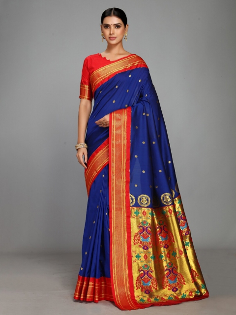 

Varkala Silk Sarees Blue & Red Ethnic Motifs Zari Silk Blend Heavy Work Paithani Saree