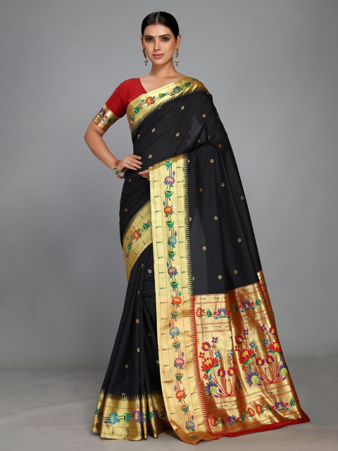 

Varkala Silk Sarees Black & Red Ethnic Motifs Zari Silk Blend Heavy Work Paithani Saree