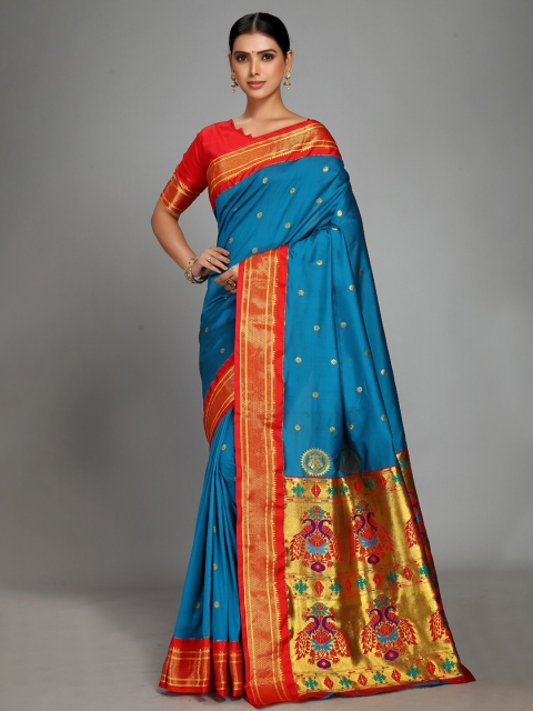 

Varkala Silk Sarees Turquoise Blue & Red Ethnic Motifs Paithani Zari Saree