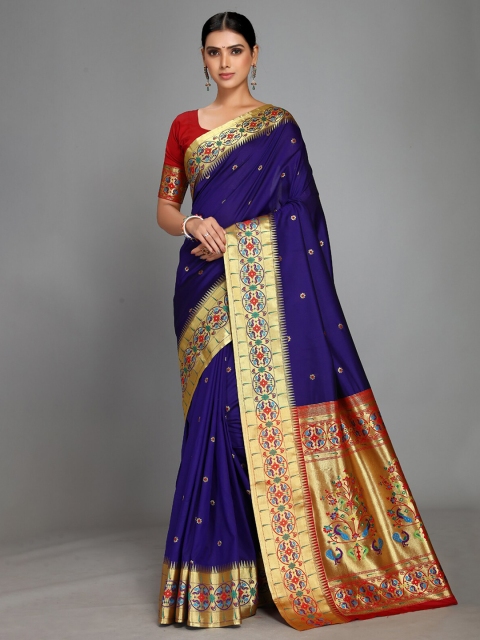 

Varkala Silk Sarees Violet & Red Floral Woven Design Paithani Zari Saree