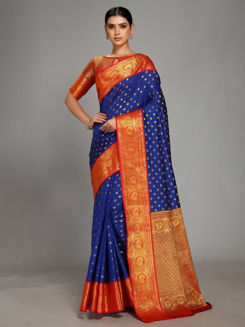 

Varkala Silk Sarees Blue & Red Ethnic Motifs Gadwal Zari Saree