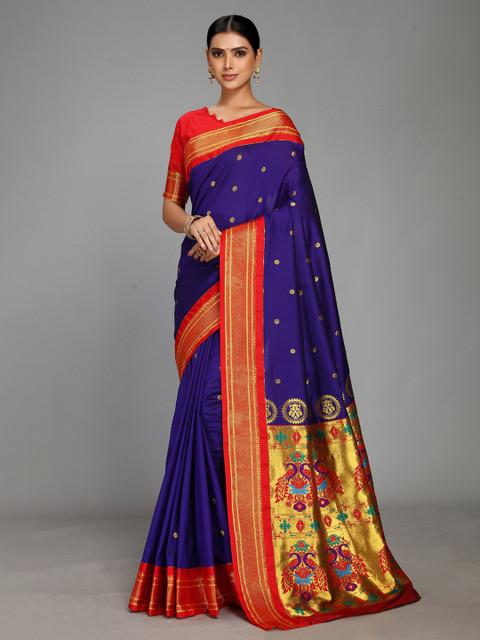 

Varkala Silk Sarees Violet & Red Floral Woven Design Paithani Zari Saree