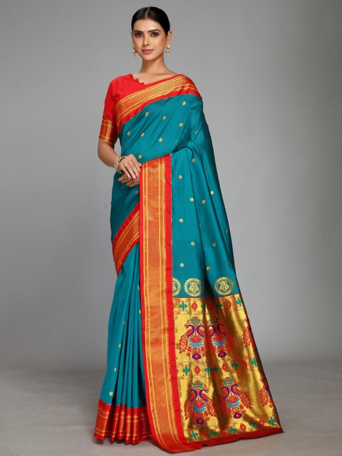 

Varkala Silk Sarees Teal & Red Floral Woven Design Paithani Zari Saree