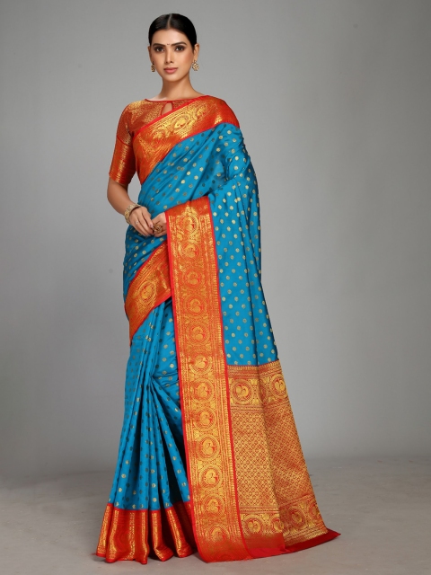 

Varkala Silk Sarees Turquoise Blue & Red Woven Design Zari Silk Blend Gadwal Saree
