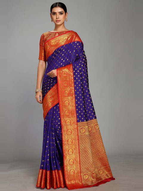 

Varkala Silk Sarees Blue & Red Ethnic Motifs Gadwal Zari Saree