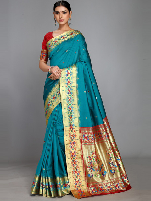 

Varkala Silk Sarees Teal & Red Floral Woven Design Paithani Saree