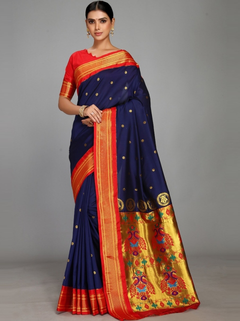 

Varkala Silk Sarees Navy Blue & Red Ethnic Motifs Paithani Zari Saree