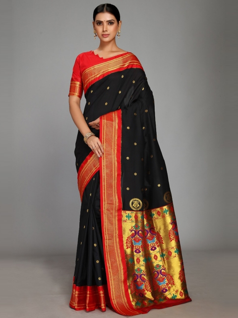 

Varkala Silk Sarees Black & Red Woven Design Zari Silk Blend Paithani Saree