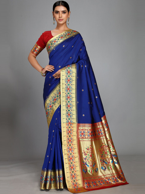 

Varkala Silk Sarees Blue & Red Woven Design Zari Silk Blend Paithani Saree