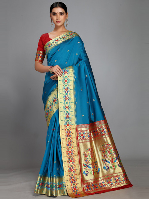 

Varkala Silk Sarees Turquoise Blue & Red Woven Design Zari Silk Blend Paithani Saree