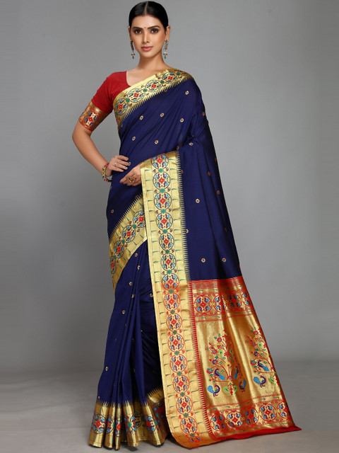 

Varkala Silk Sarees Navy Blue & Red Woven Design Zari Silk Blend Paithani Saree