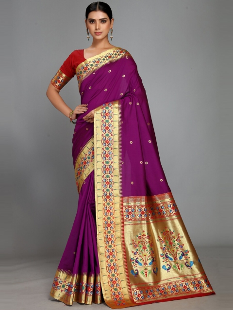 

Varkala Silk Sarees Purple & Red Ethnic Motifs Zari Silk Blend Paithani Saree