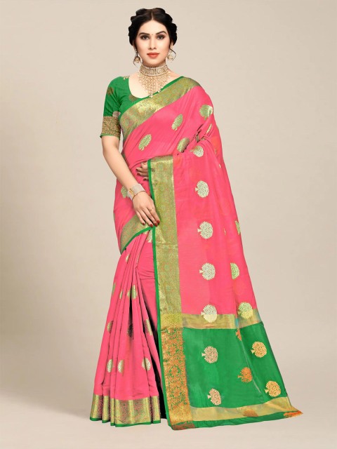 

MS RETAIL Pink & Green Floral Zari Chanderi Saree
