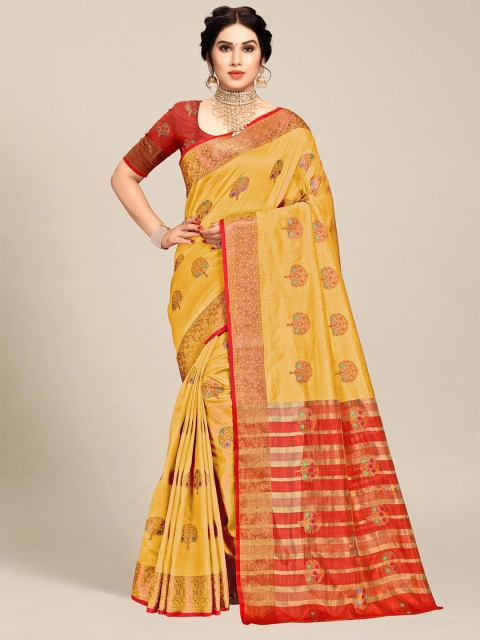 

MS RETAIL Mustard & Red Floral Zari Banarasi Saree