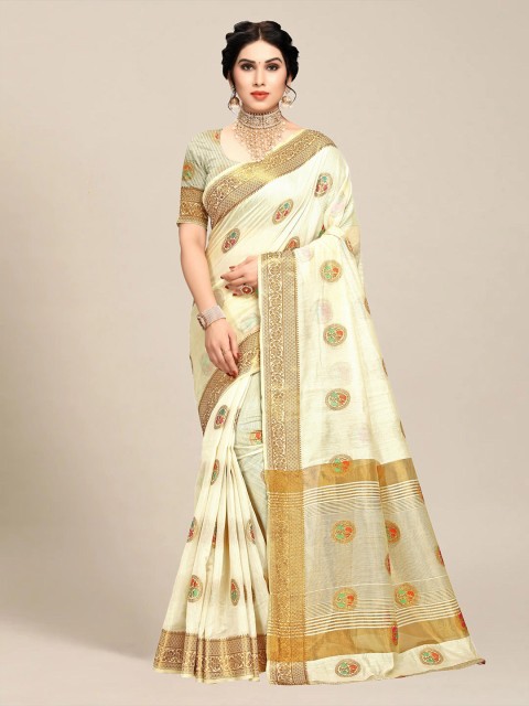 

MS RETAIL Cream-Coloured & Gold-Toned Ethnic Motifs Zari Chanderi Saree
