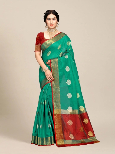 

MS RETAIL Sea Green & Red Floral Zari Chanderi Saree